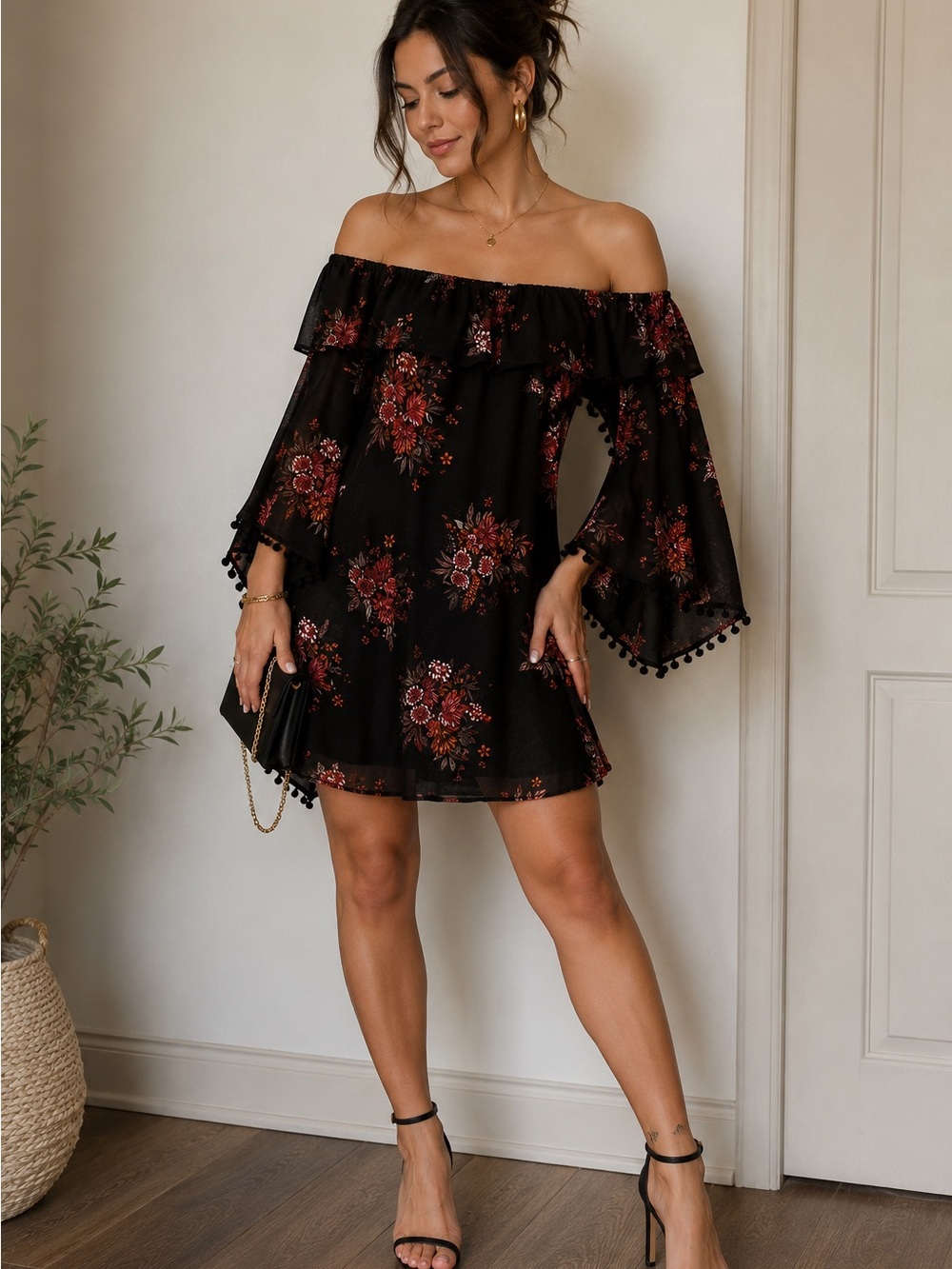Design Lab Lord & Taylor Black Off-Shoulder Floral Mini Dress